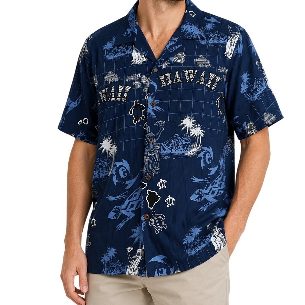 Favant Navy Blue Hawaiian Button Down Shirt Men's Small